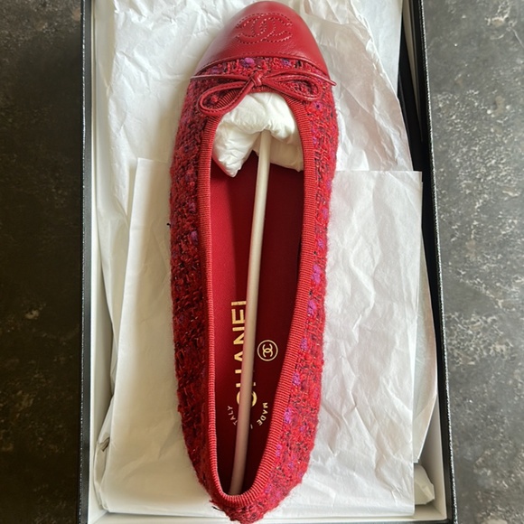 CHANEL Shoes - Deep Red Tweed Chanel Ballet Flats